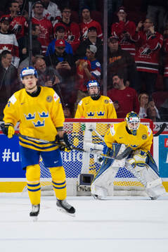 Sveriges Jacob Larsson, Rasmus Dahlin och målvakt Felix