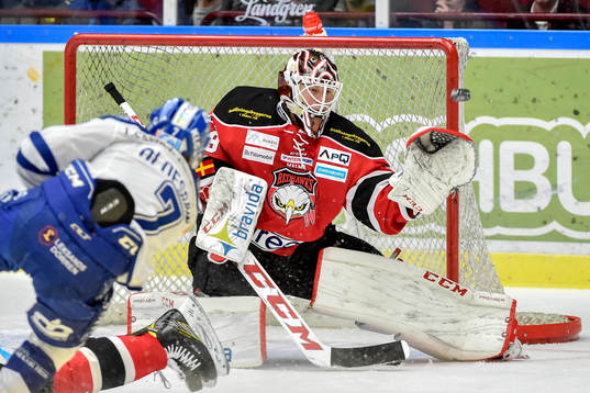 Leksands Johan Olofsson och Malmö Redhawks målvakt Oscar