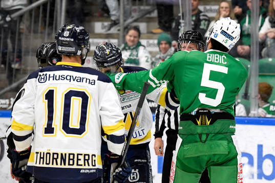 s Ted Brithén och Rögles Alen Bibic i slagsmål
