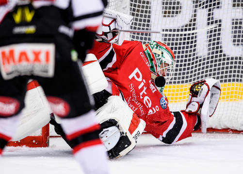 Piteås målvakt Marcus Olsson räddar ett skott