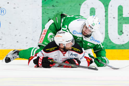 Rögles Daniel Sylwander och Malmö Redhawks Noah Welch