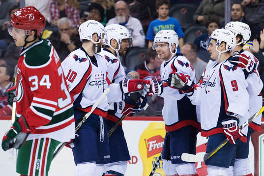 Capitals Brett Connolly, Alexander Ovechkin, Evgeny