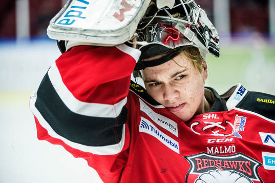 Malmö Redhawks målvakt Anton Malmborg  värmer upp innan