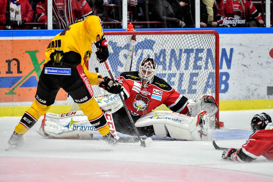 Luleås Johan Harju och Malmö Redhawks målvakt Oscar