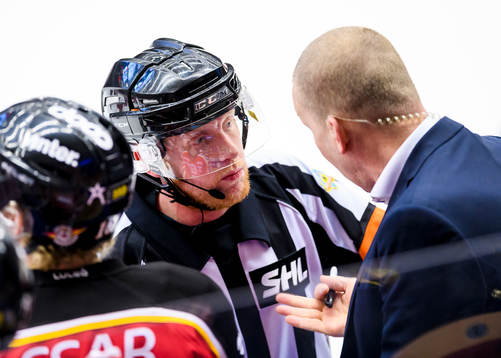 Domare Mikael Holm pratar med Luleås huvudtränare Stefan