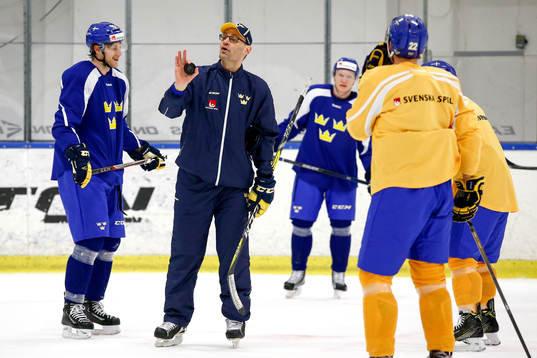 Sveriges assisterande tränare Peter Popovic instruerar