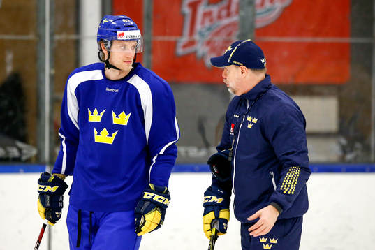 Sveriges Johan Ryno pratar med förbundskapten Rikard