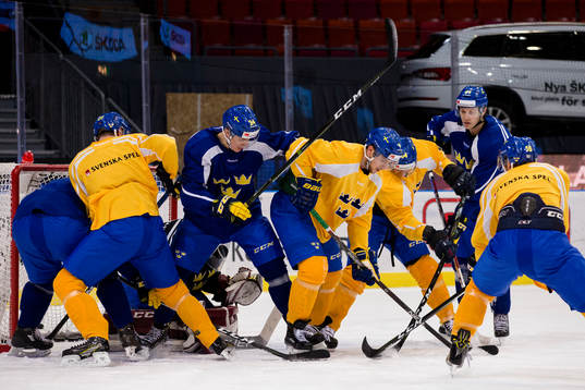 Sveriges Joel Eriksson Ek i kamp om pucken med Henrik