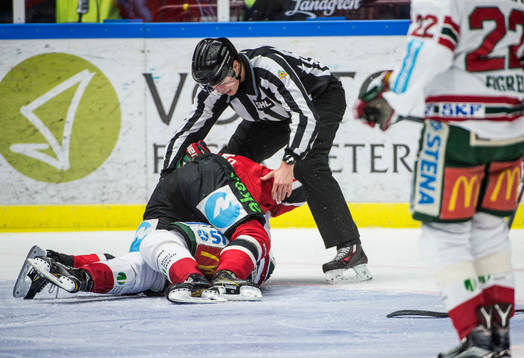 Domaren försöker avbryta slagsmål mellan Malmö Redhawks