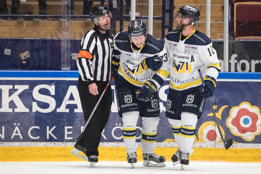 s Lias Andersson får hjälp av HV71:s Martin Thörnberg