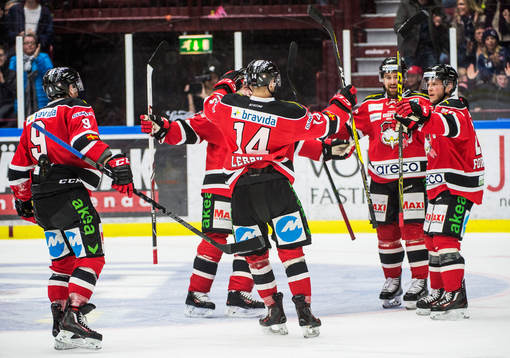 Malmö Redhawks Carl-Johan Lerby jublar med lagkamraterna