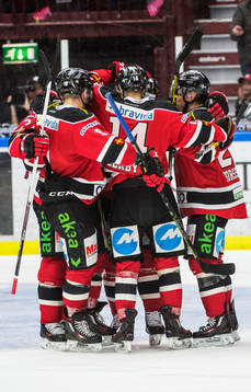 Malmö Redhawks Carl-Johan Lerby jublar med lagkamraterna