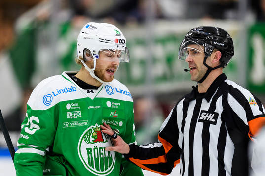 Rögles Christopher Liljewall pratar med domare Linus