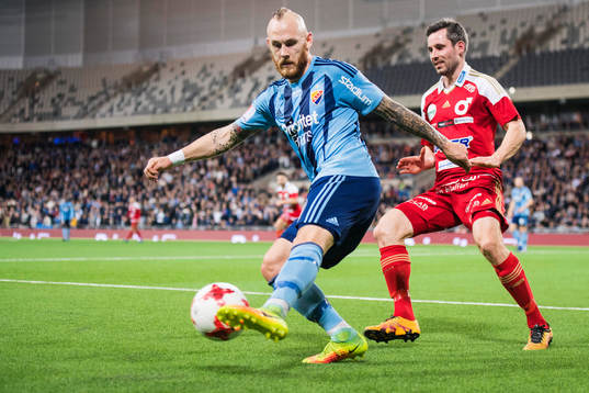 Djurgårdens Magnus Eriksson och Degerfors Marcus De Bruin