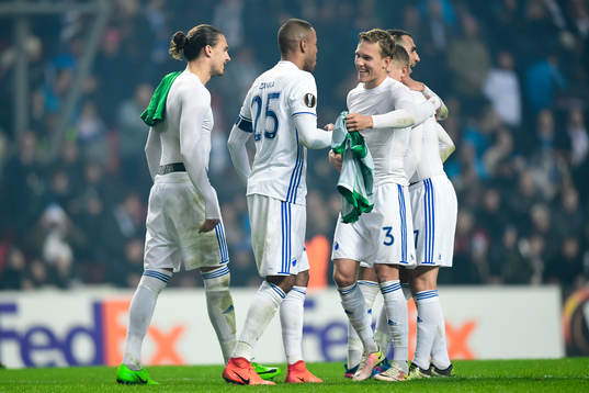 FC Köpenhamns Erik Johansson, Mathias Jörgensen och