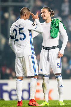 FC Köpenhamns Erik Johansson och Mathias Jörgensen jublar