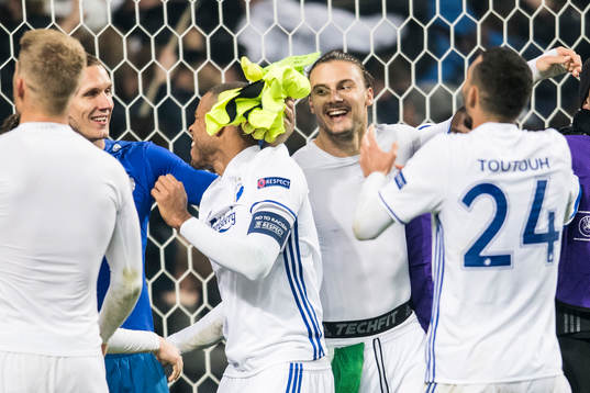 FC Köpenhamns målvakt Robin Olsen, Mathias Jörgensen och