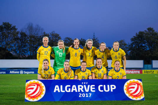 Sveriges spelare ställer upp för en lagbild, övre raden