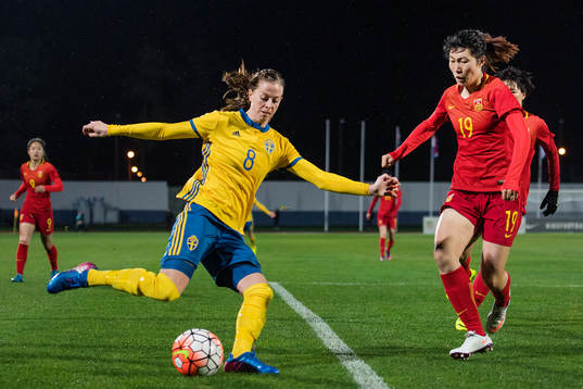 Sveriges Lotta Schelin  och Kinas Wang Yan