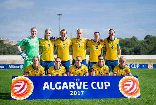 Sveriges spelare ställer upp för en lagbild, övre raden
