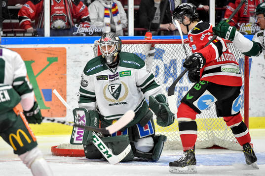 Malmö Redhawks Lukas Haudum och Färjestads målvakt