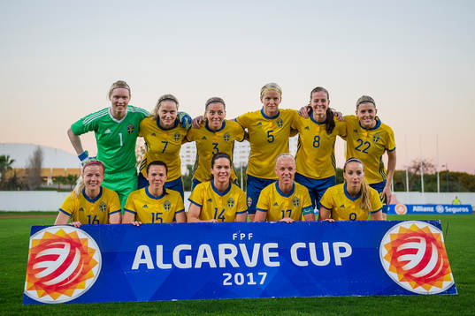 Sveriges spelare ställer upp för en lagbild. Övre raden