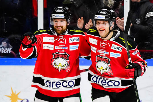 Malmö Redhawks Frederik Storm och Nichlas Hardt jublar