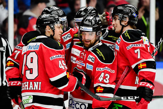 Malmö Redhawks Rhett Rakhshani och Nichlas Hardt  jublar