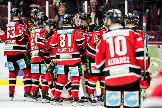 Malmö Redhawks spelare jublar med målvakt Oscar Alsenfelt