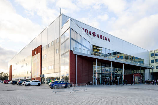 Exteriör vy på Vida arena före kvartsfinal 1 i