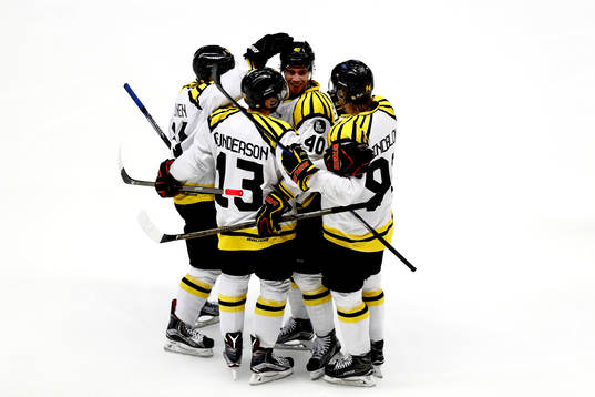 Brynäs Jesper Jensen jublar med lagkamrater