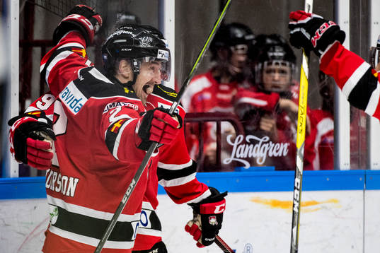 Malmö Redhawks Erik Andersson och Rhett Rakhshani jublar