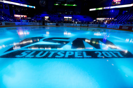 SHL slutspel 2017 logga i isen i Löfbergs arena