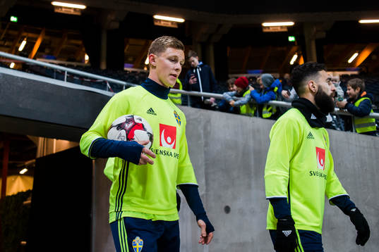 Emil Krafth och Jimmy Durmaz före en träning med Sveriges