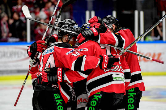 Malmö Redhawks Mathias Tjärnqvist jublar med lagkamrater