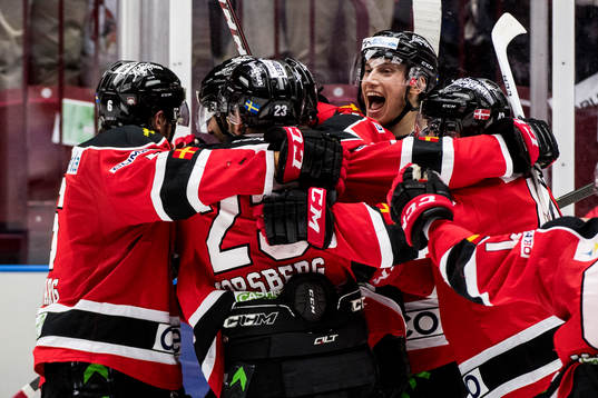 Malmö Redhawks spelare med Robin Alvarez (m) jublar