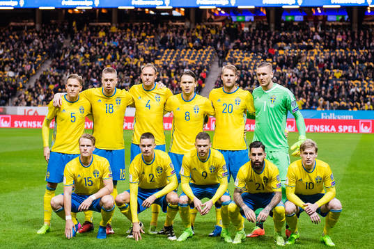 Sveriges spelare ställer upp för en lagbild