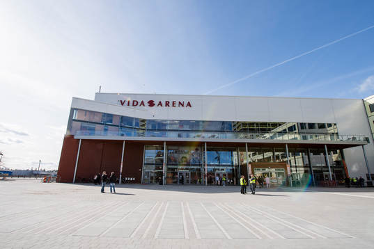 Exteriör vy på Vida arena före kvartsfinal 5 i
