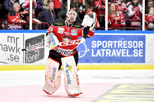 Malmö Redhawks målvakt Oscar Alsenfelt jublar