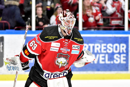 Malmö Redhawks målvakt Oscar Alsenfelt jublar