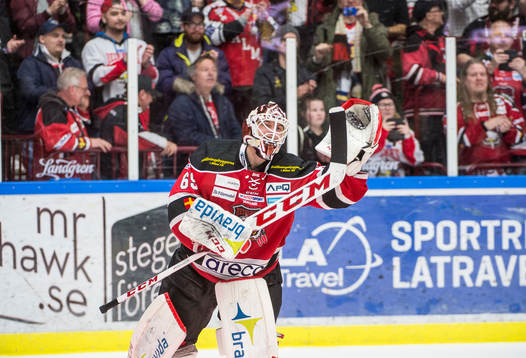 Malmö Redhawks målvakt Oscar Alsenfelt jublar