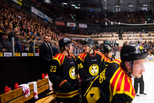 Brynäs Lucas Carlsson och Oskar Lindblom jublar i båset