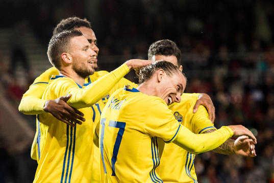 Sveriges Marcus Berg jublar med Niklas Hult