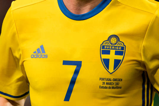 Detaljbild på Sveriges nya emblem på tröjan