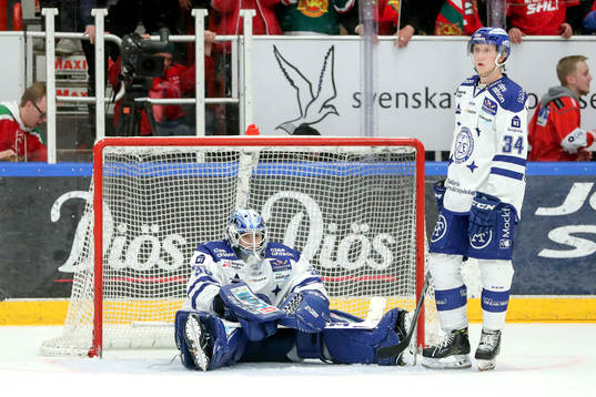 Leksands målvakt Henrik Haukeland och Olle Alsing deppar