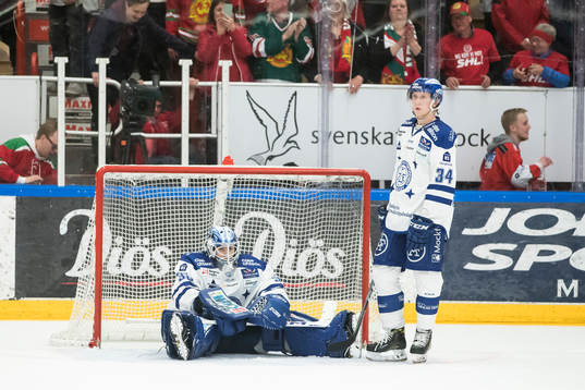 Leksands målvakt Henrik Haukeland och Olle Alsing deppar i