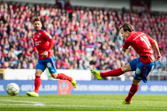 Helsingborgs Anton Wede testar skott