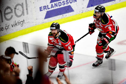 Malmö Redhawks Nichlas Hardt och Frederik Storm jublar