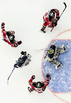 Malmö Redhawks Nichlas Hardt jublar med Frederik Storm och