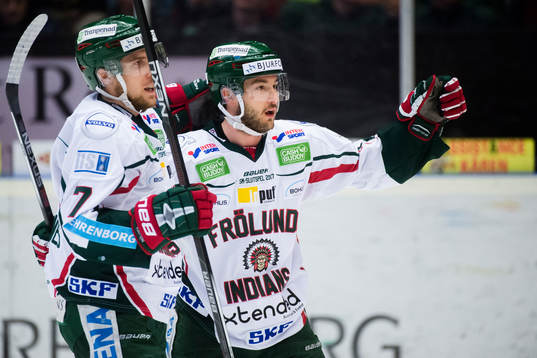 Frölundas Henrik Tömmernes och Casey Wellman jublar